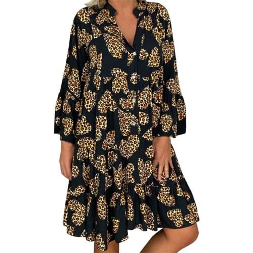 Womens Ladies Above Knee Plus Size Loose Printing Long Sleeve V-collar Button Mini Dress Bohemian Beach Style Mujer Sundress