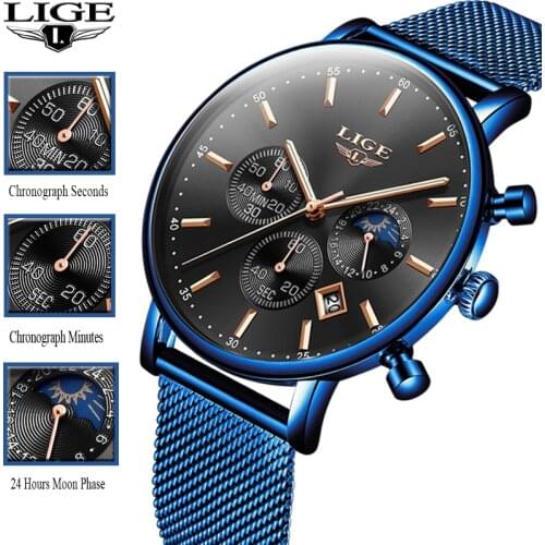LIGE New Mens Watches Top Brand Luxury Fashion Blue Strap Quartz Watch Men Moon Phase Clock Calendar Waterproof Chronograph+Box