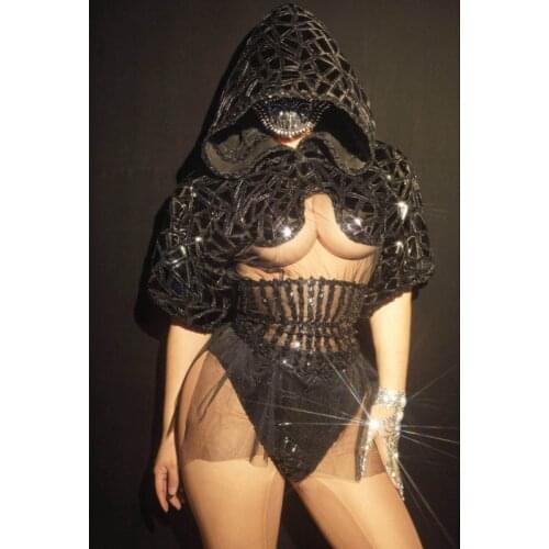 Black Sequins Shawl Shorts Belt Outfit Women Reflective Novelty Leotard Set Party Nightclub Dance Costume Singer Stage Wear