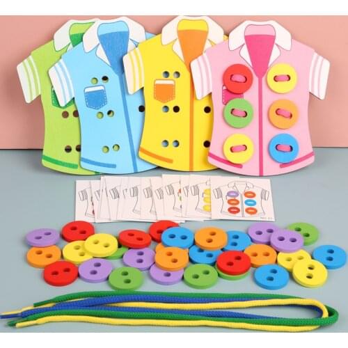 Wooden Sewing Buttons Twist Buttons Jigsaw Puzzle Children Baby Early Education Toys Hands-on Threading Board Kids Gifts