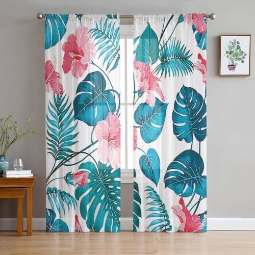 Red Flowers With Large Leaves Seamless Pattern Voile Tulle Sheer Curtains for Bedroom Living Room Kitchen Decor Window Curtain