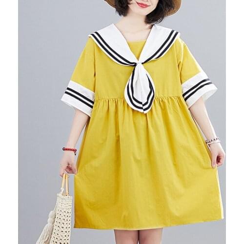 Japanese Fashion Sailor Collar Preppy Style Sweet Girls Chic Summer Dress Cotton Patchwork Travel Casual Women Loose Dress