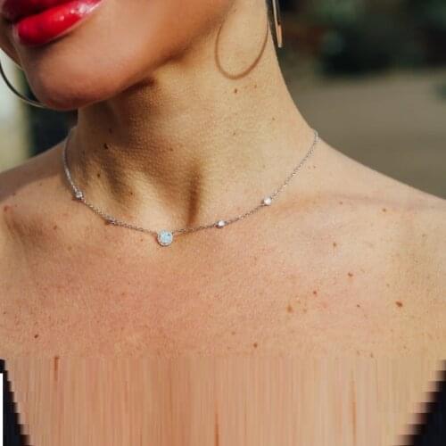 Fashion 925 sterling silve necklace with natural round white opal charm paved luxury women necklace for wedding necklace gift