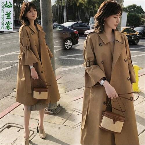 Fashion Trench Coat Female 2020 Spring Autumn Korean Trumpet Sleeve Over The Waist Tie Slim Long Windbreaker for Women Outwear