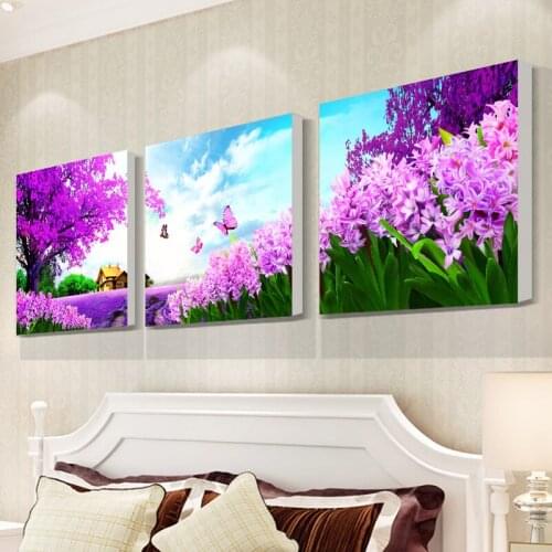 GLymg Needlework Diy Diamond Painting Cross Stitch Purple Lavender Full Diamond Embroidery Plant Round Mosaic Triple Picture