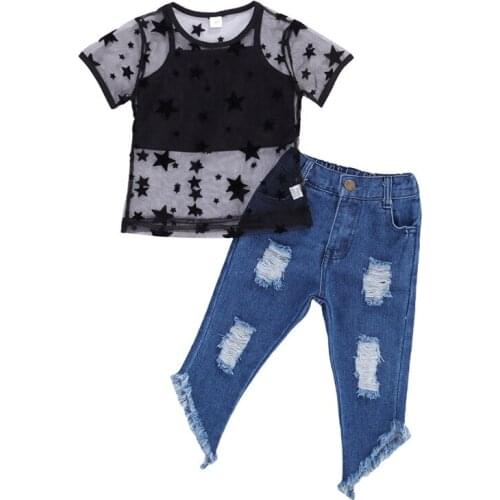 1-6Years Fashion Children Girls Clothing Sets Kids Girls Mesh Star Cover Ups+Vest Tops+Ripped Hole Jeans Pants Holiday Outfits