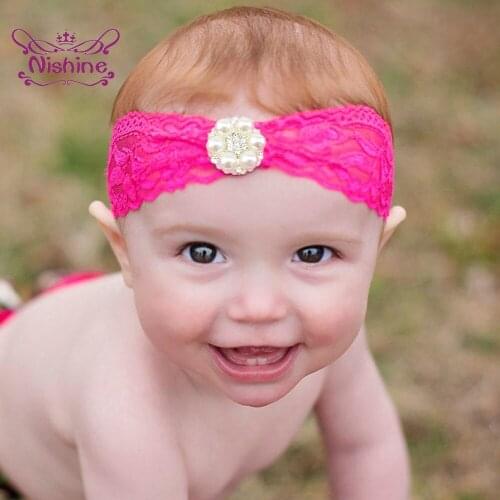 Nishine 1 PCS Boutique Pearls Rhinestone Lace Hairband Infant Solid Color Elastic Headband Princess Headwear Photography Props