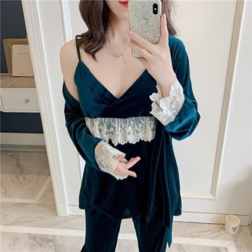 New Autumn Sexy Female Velvet Velour 3PCS Pajamas Suit Pyjama Set Homewear Sleepwear Lace Nightwear Bath Robe Gown Robe&Pant