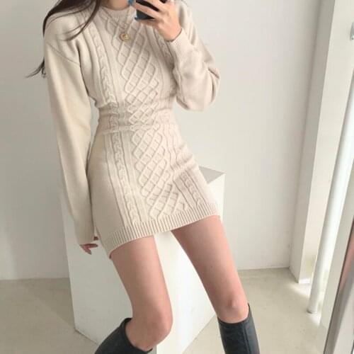 Solid sexy Elegant Mini Dress Bandage Straight O-Neck Sheath Dress Knitted Retro Casual Korean Autumn Winter Party Dress W176