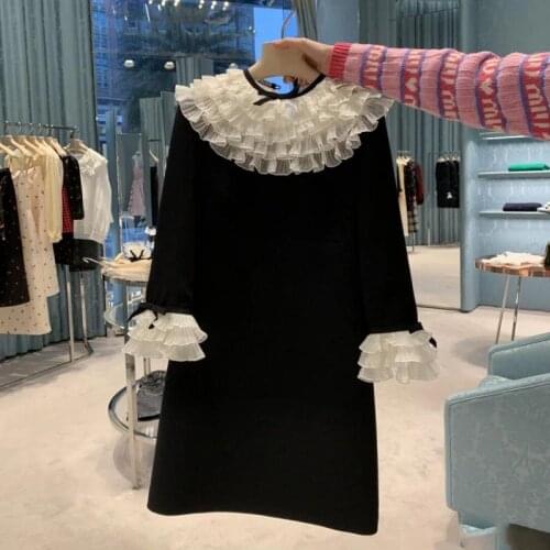 Retro Multi-Layer Lotus Leaf Collar Black A-Line Ruffles Long Sleeve Short Dress Fall Fashion Elegant Ladies Designer Clothes