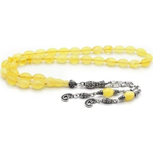 Silver Yellow Amber Gemstone Prayer Rosary Men Barley Cut Rosary With Silver Tassel Islamic Tasbih With Arabic Letter Tassel