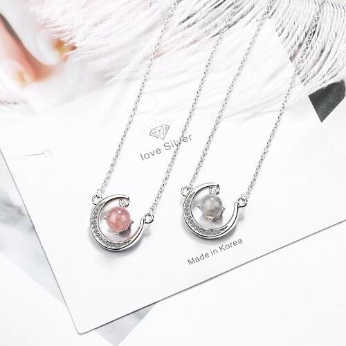 925 Sterling Silver Sweet Strawberry Crystal Moonstone Necklace Moon Shaped Pendant Necklace For Women Gifts S-N381