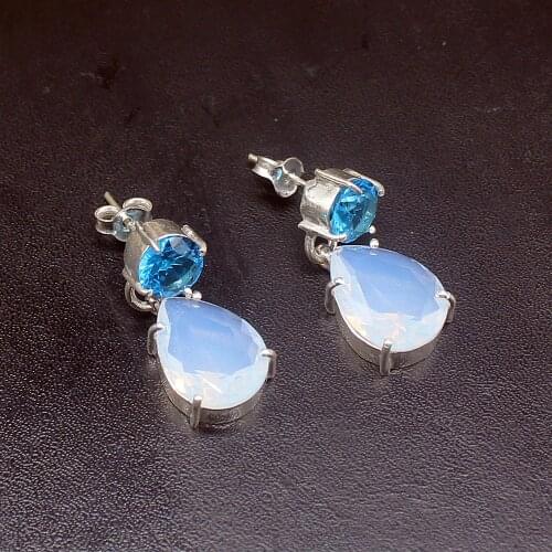 Gemstonefactory Big Promotion Unique 925 Silver White Opal Blue Topaz Fantasy Women Ladies Gifts Dangle Drop Earrings 20212269