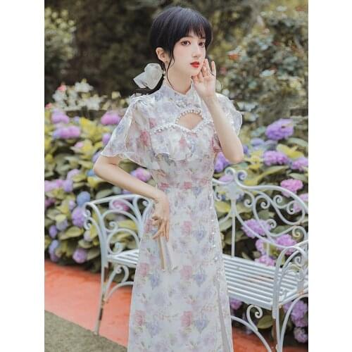 Modern Chic Girl Lotus Leaf Sleeve Bead Hollow Chiffon Floral Split Sexy Slim Cheongsam Maxi Dress Summer AliExpress Retro Dress