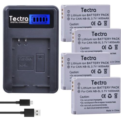 Tectra 4Pcs NB-5L NB5L Bateria + LCD USB Charger for Canon S110 SX200 SX210 SX220 SX230 ISHS IXUS 850 870 800 860 990 SD 950 970