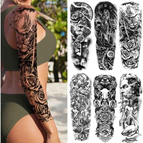 Rose Flower Warrior Temporary Tattoos For Women Girl Men Tribal Full Sleeve Lion Tattoo Sticker Fake Black God Tatoos Covers Up