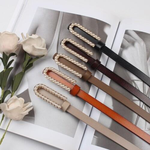 Pearl Oval Buckle Women Belt Cow Leather Waist Belt Luxury Plain Cowskin Corset Strap Ladies Fashion Coat Dress Belt Decoration
