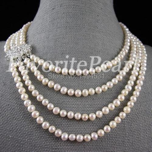 Pearl Necklace - 16-22 Inches 6-7mm 4 Strand White Color Natural Freshwater Pearl Necklace Bridesmaid Jewelry Wedding Gift