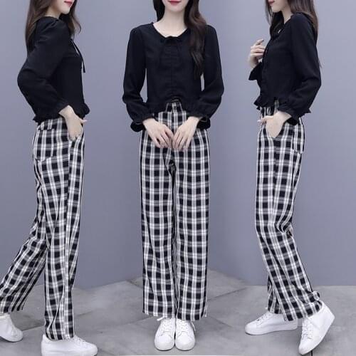 2021 new spring Korean ruffled blouse retro plaid wide leg pants two-piece suit fashion ensemble femme survetement