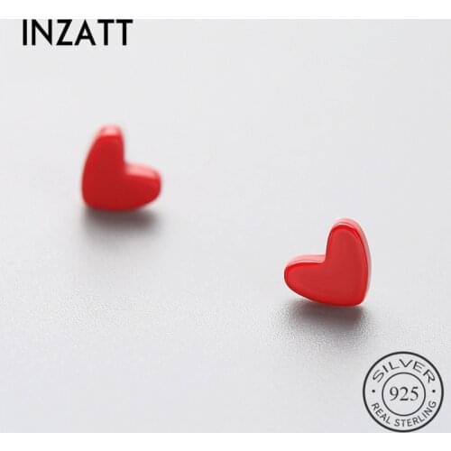 INZATT Real 925 Sterling Silver Tiny Red Resin Heart Stud Earrings For Charm Women Wedding Party Fine Jewelry Accessories Gift