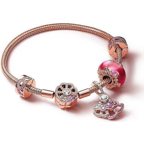 925 Sterling Silver Beaded Pandora Bracelet Rose Pink Fan With Colorful Crystal Bangle For Women Wedding Gift Jewelry