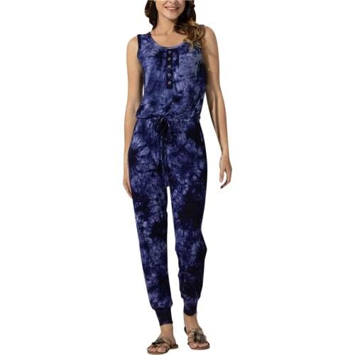New Women Summer Playsuit Sleeveless Casual Tie-dye Print Elegant Outfits Romper Sexy Button Sports Jumpsuits #T3G