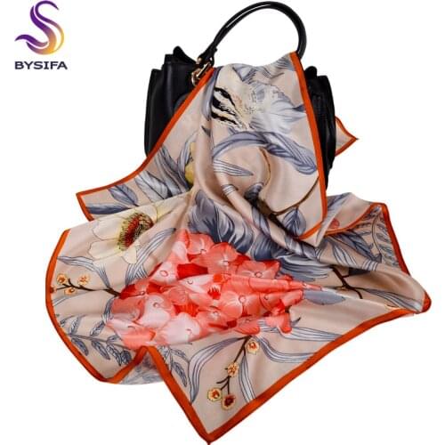 BYSIFA|Fashion Beige Pure Silk Scarf Women Spring New Flower Style Square Scarves 70*70cm Winter Elegant Neck Scarf Headscarf