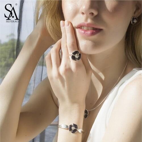 SA SILVERAGE 925 Sterling Silver Aventurine Flower Rings Wedding Ring for Women Fine Jewelry Black Ladies Rings With Rhinestones