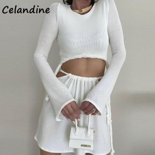 Celandine Winter Sexy Women Tracksuit 2021 Fashion Skirt Long Sleeve Shirt Tops And High Waisted Mini Wrap Skirt Two Piece Set