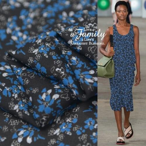 1 Meter Romantic Little Blue Flower High-end Summer Black Cotton Silk Double Joe Fabric Clothing