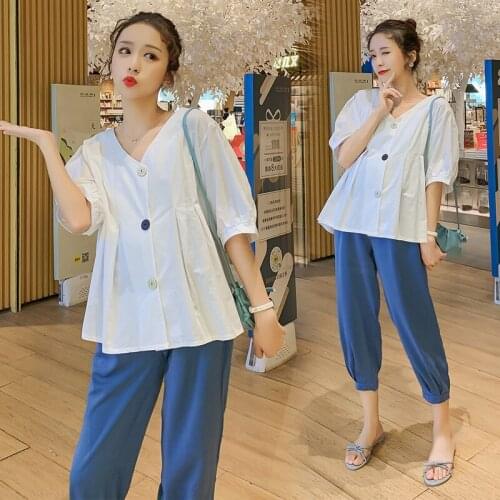 9557# Maternity V Neck White Tops+ Pants Two-piece Maternity Clothes Loose Set Pregnant Women Pregnancy Clothes