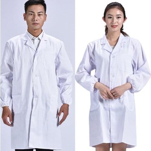 Unisex Long Sleeve White Lab Coat Lapel Collar Button Down Medical Doctor Blouse