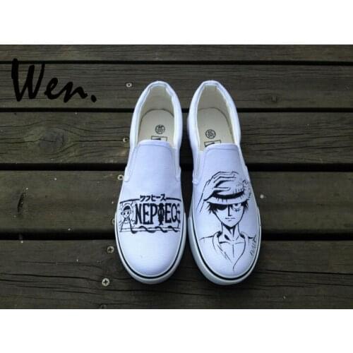 Wen White Hand Painted Anime Shoes Slip On Shoes Design Custom One Piece Luffy Women Mens Canvas Sneakers Christmas Gifts