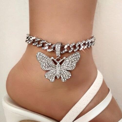 Fashion Bling Rhinestone Butterfly Cuban Chain Anklets Bracelet Hip Hop Chunky Cuban Anklet for Women Barefoot Sandals Jewelry