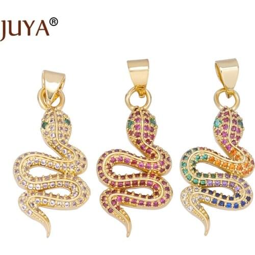 JUYA Snake Charms Talisman Pendants Jewelry Making Supplies Micro Pave Rainbow Cubic Zirconia Gold Cobra Snake Charms Wholesale