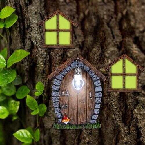 Miniature Fairy Garden Window Door With Lamp Outdoor Tree Decor House Face Art Gnome Yard Elf Fairy Accessories Garden Statues