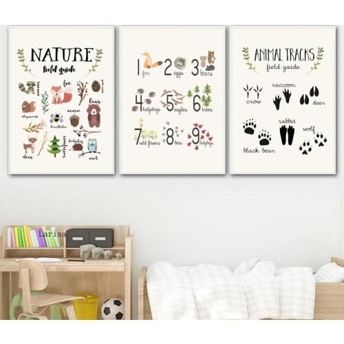 Natural Field Guide Animals Tracks Poster Alphabet Arabic Numerals Nursery Wall Art Canvas Painting Baby Kids Room Decor Picture