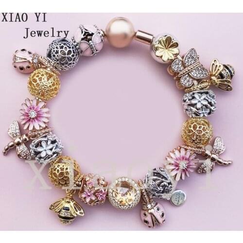 XIAOYI 2020 new 100% s925 Flower butterfly Dragonfly insect bee hollowed out cats Eye Bracelet DIY birthday gift for girlfriend