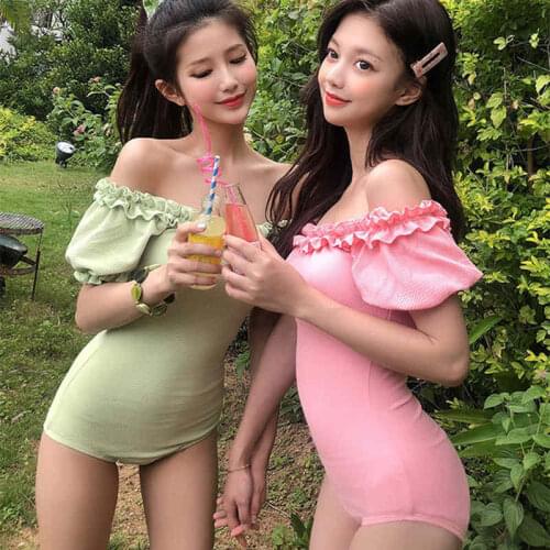 South Korea New Solid Color One-Shoulder Wooden Ear Decoration Halter Tight-Fitting High-Waist Sexy Small Fresh Bikini Swimsuit