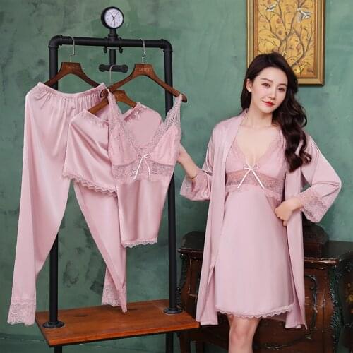 Pajamas Set Lounge with Chest Pads Sexy V-neck Home Nightwear Women 5 Pcs Sleepwear Pink Satin Lace Sleep Pyjama