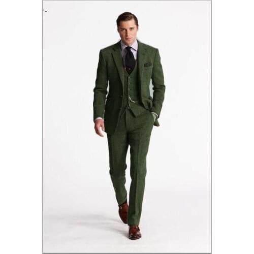 Tailored Green Tweed Suit Men Groom Blazer Slim Fit 3 Piece Tuxedo Custom Prom Wedding Suits Terno Masculino Jacket+Pant+Vest