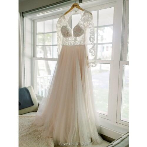 Romantic Bohemian Style Wedding Dress Boho Bridal Gown Empire Waist V Neckline Lace Bodice Illusion Lace Long Sleeves Beading