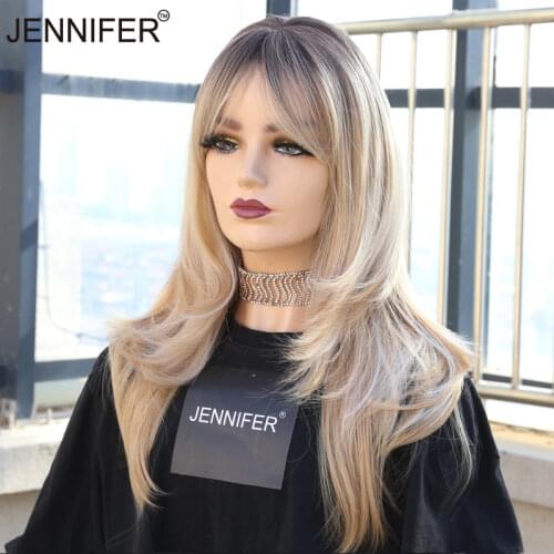 Synthetic Wigs Long Straight Layered Hairstyle Ombre Blonde Full Wigs with Bangs for Black Women High Density Temperature Fibre