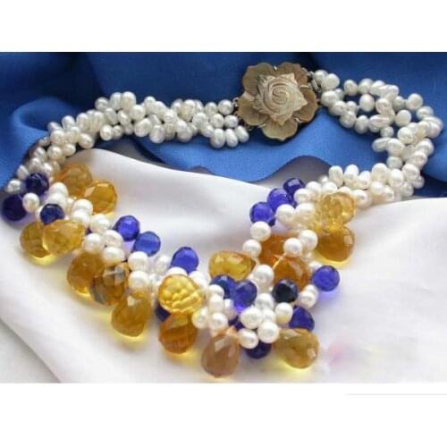 Stuning Baroque Pearl Necklace 3row White Cultured Freshwater Pearl Golden Blue Drip Crystal Beads Jewelry Perfect Woman Gift