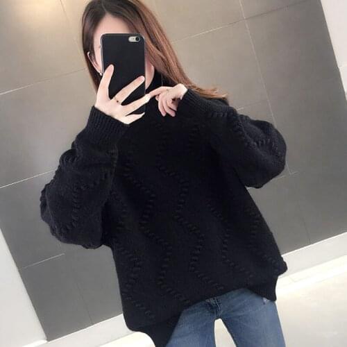Loose Warm Wave pattern Red Black Turtleneck Knitted Sweater Pullover Women Autumn 2021 Long Sleeve Elasticity Knitwear Jumpers