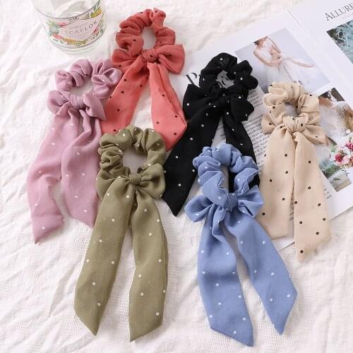 Vienkim Fasihon Dot Ribbon Hair Scrunchies for Women Hair Ring Female Ponytail Chiffon Fabric Ribbon Hair Ties Korean 2021