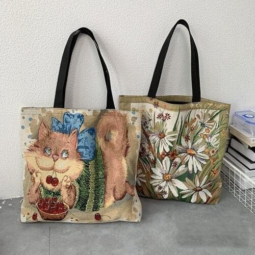 Women Canvas Tote Bag Vintage Art Animal/Floral Print Shoulder Bag Large Capacity Handbag