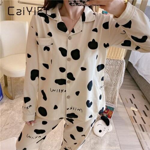 CAIYIER Korea Cute Cow Print Female Nightwear Warm Winter Women Pajamas Set Turn-down Collar Long Sleeve Sleepwear pijamas mujer