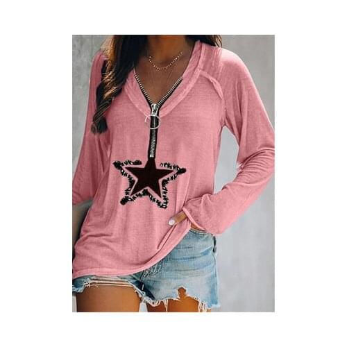 Womens Shirt Spring and Summer Fashion Five-pointed Star Printed Long Sleeve Zipper V-Neck Casual T-Shirt Loose PlusTops XS-5XL
