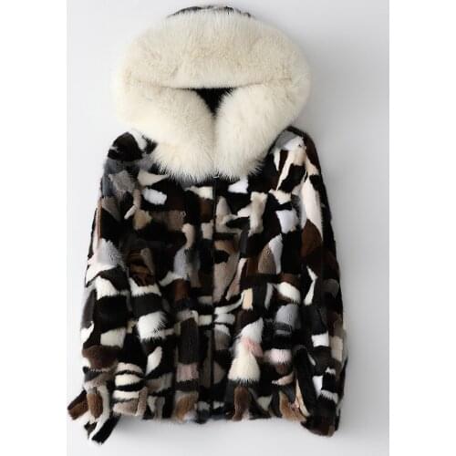 Luxury Real natural genuine mink fur coat with fox fur hood women fashion colorful fur jacket outwear custom any size